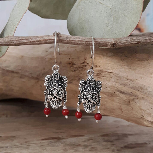 Catrina Skull Silver & Red Drop Earrings