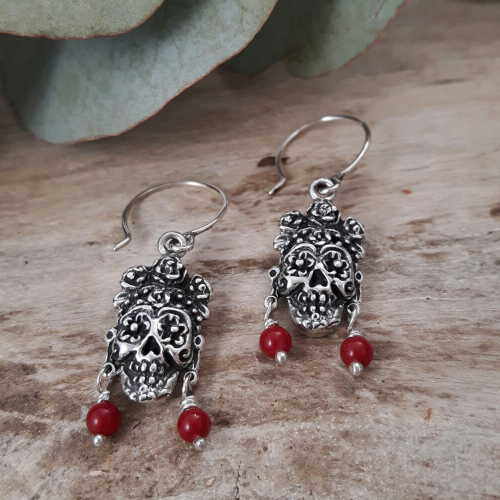 Catrina Skull Silver & Red Drop Earrings