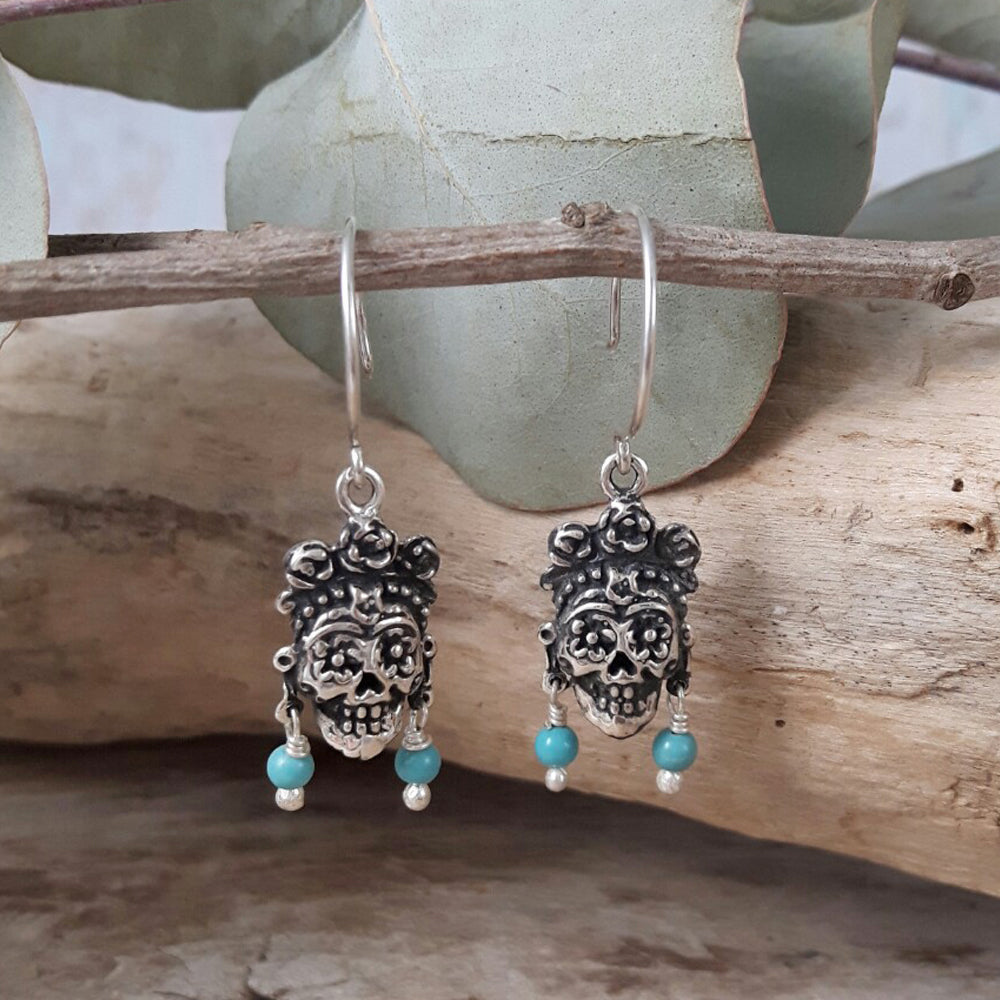 Catrina Skull Silver & Turquoise Drop Earrings