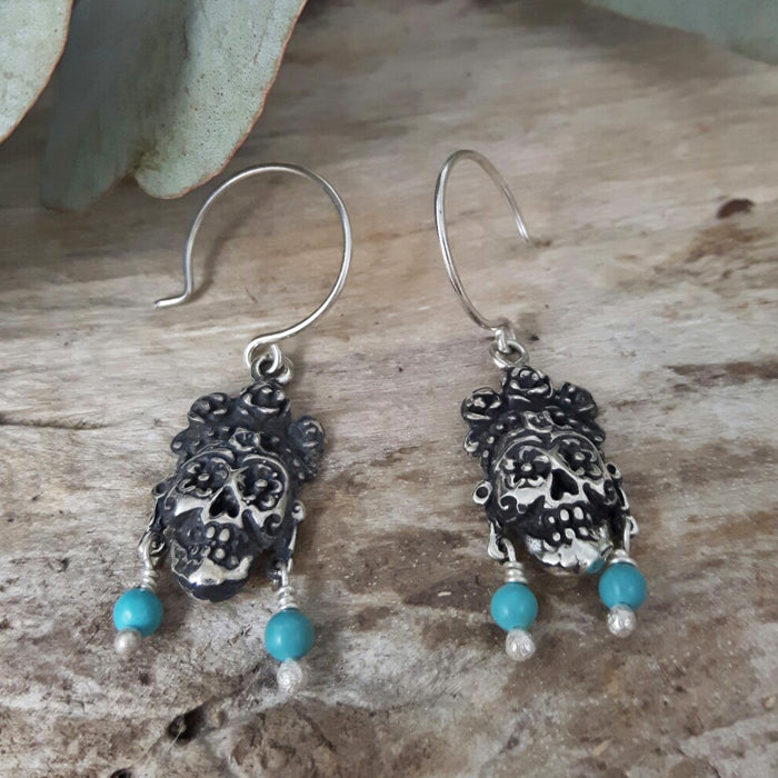 Catrina Skull Silver & Turquoise Drop Earrings