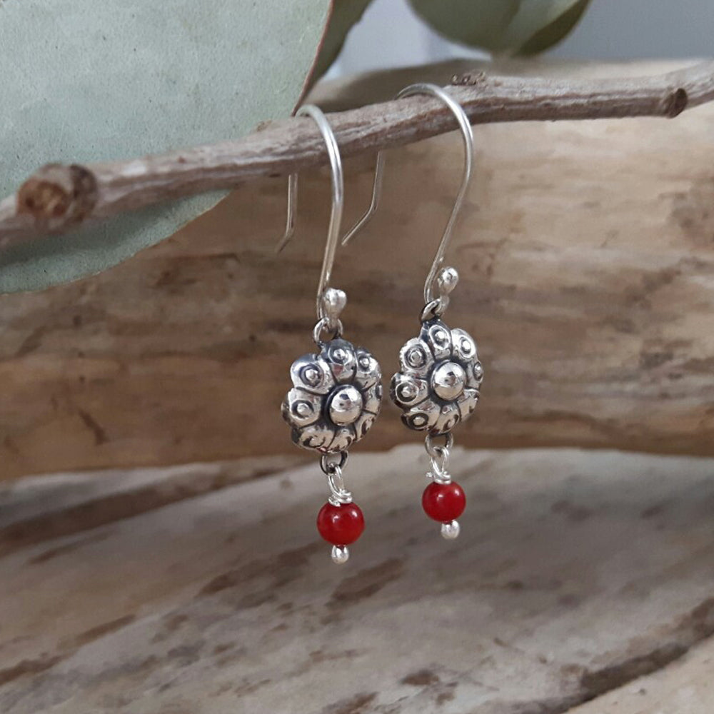 Bloom Flower Silver & Red Drop Earrings