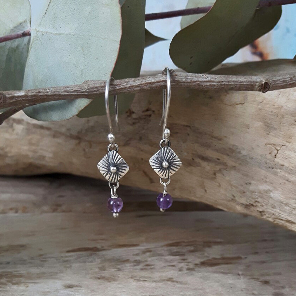 Bloom Rombo Silver & Amethyst Drop Earrings
