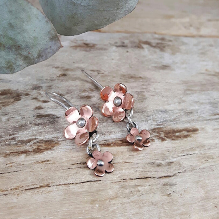 Contemporary copper drop earrings Blossom flower design — Palenque Jewellery