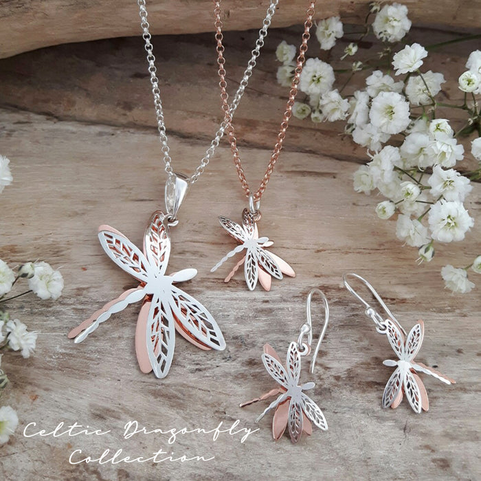 Celtic Dragonfly Silver/Copper Drop Earrings