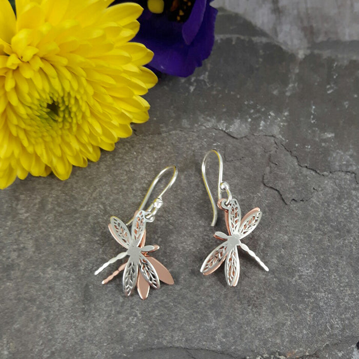 Celtic Dragonfly Silver/Copper Drop Earrings