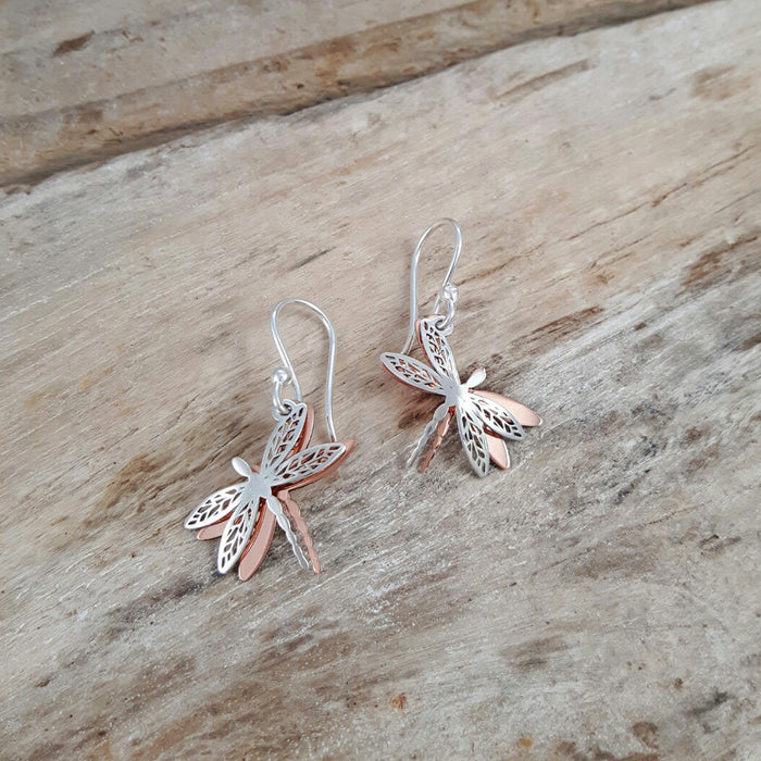 Celtic Dragonfly Silver/Copper Drop Earrings