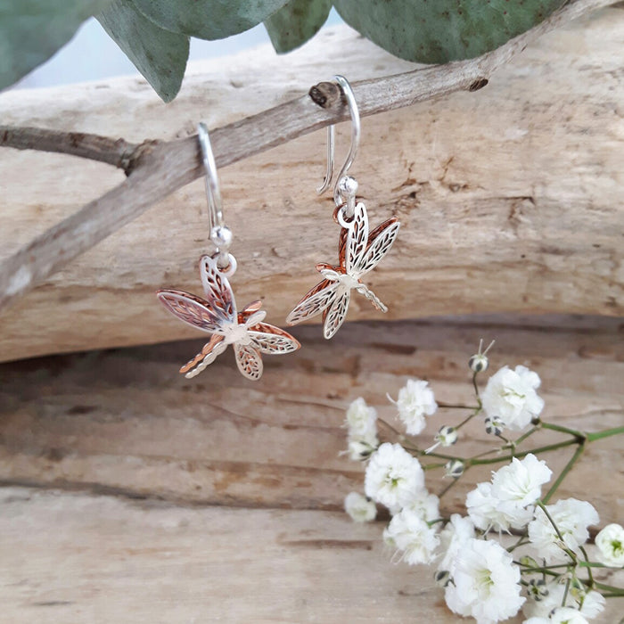 Silver dragonfly drop earrings deals