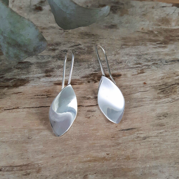 Leaf Silver Polished Drop Earrings