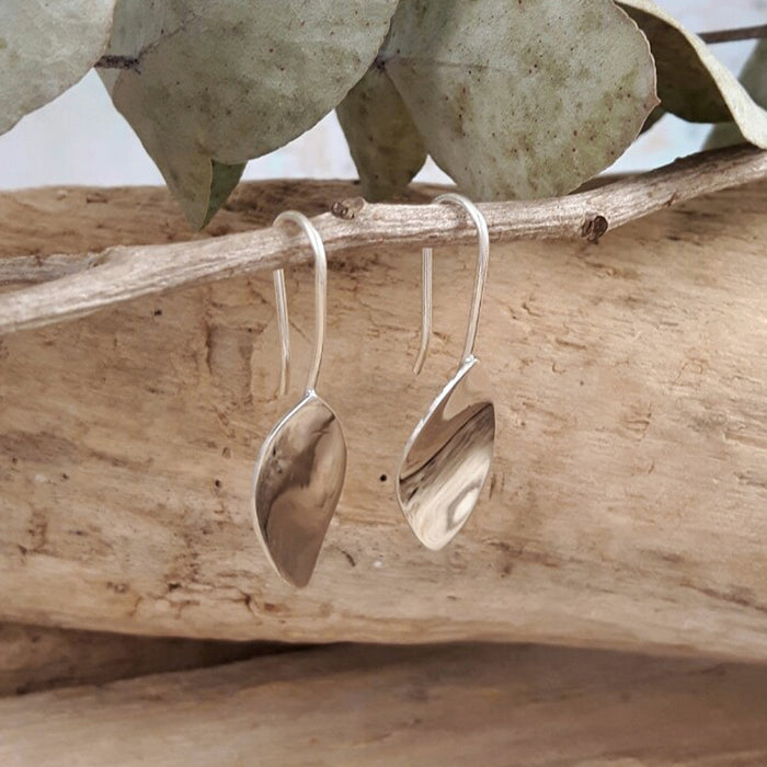 Leaf Silver Polished Drop Earrings