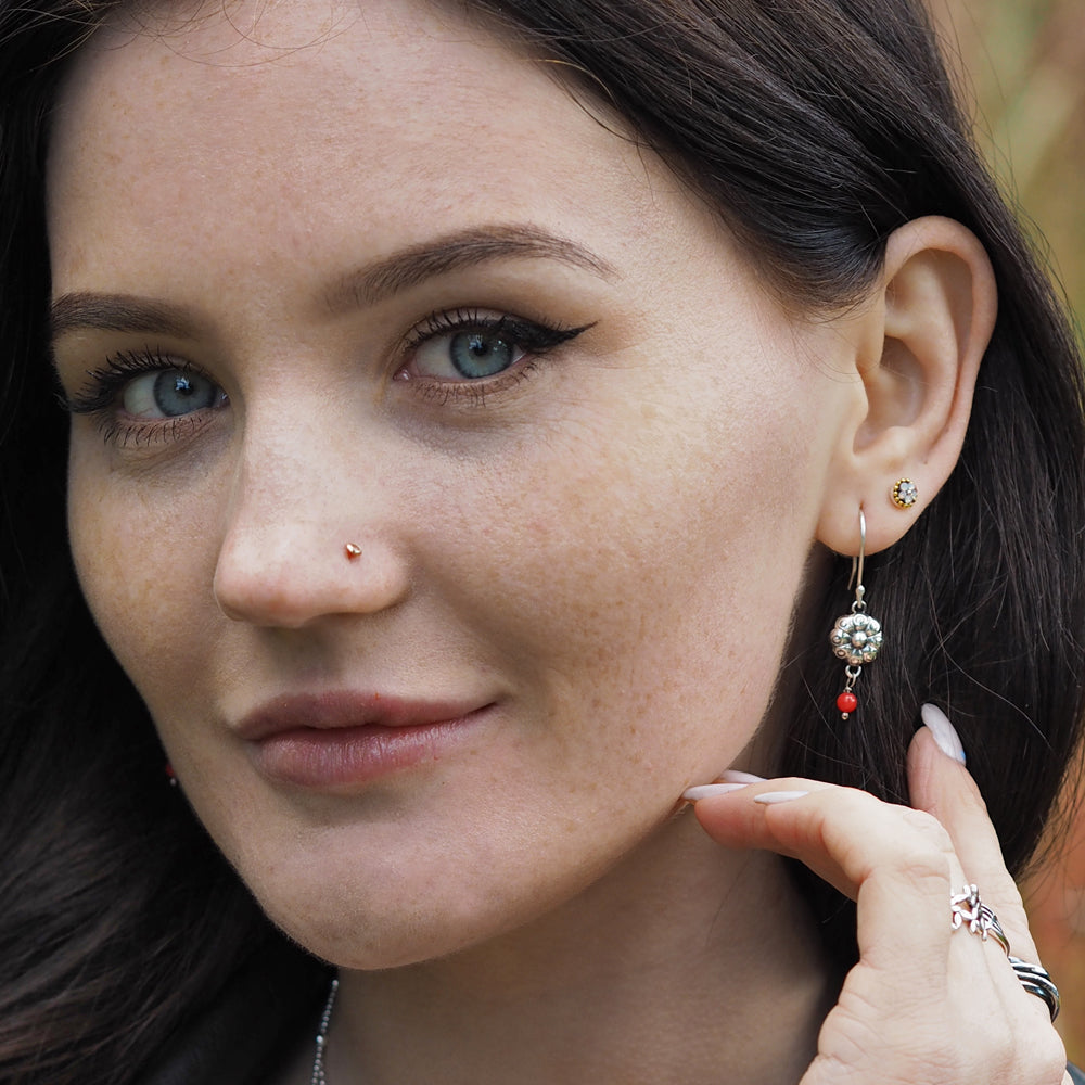 Bloom Flower Silver & Red Drop Earrings