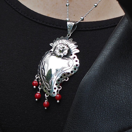 Sacred Bloom Heart Silver & Red Pendant