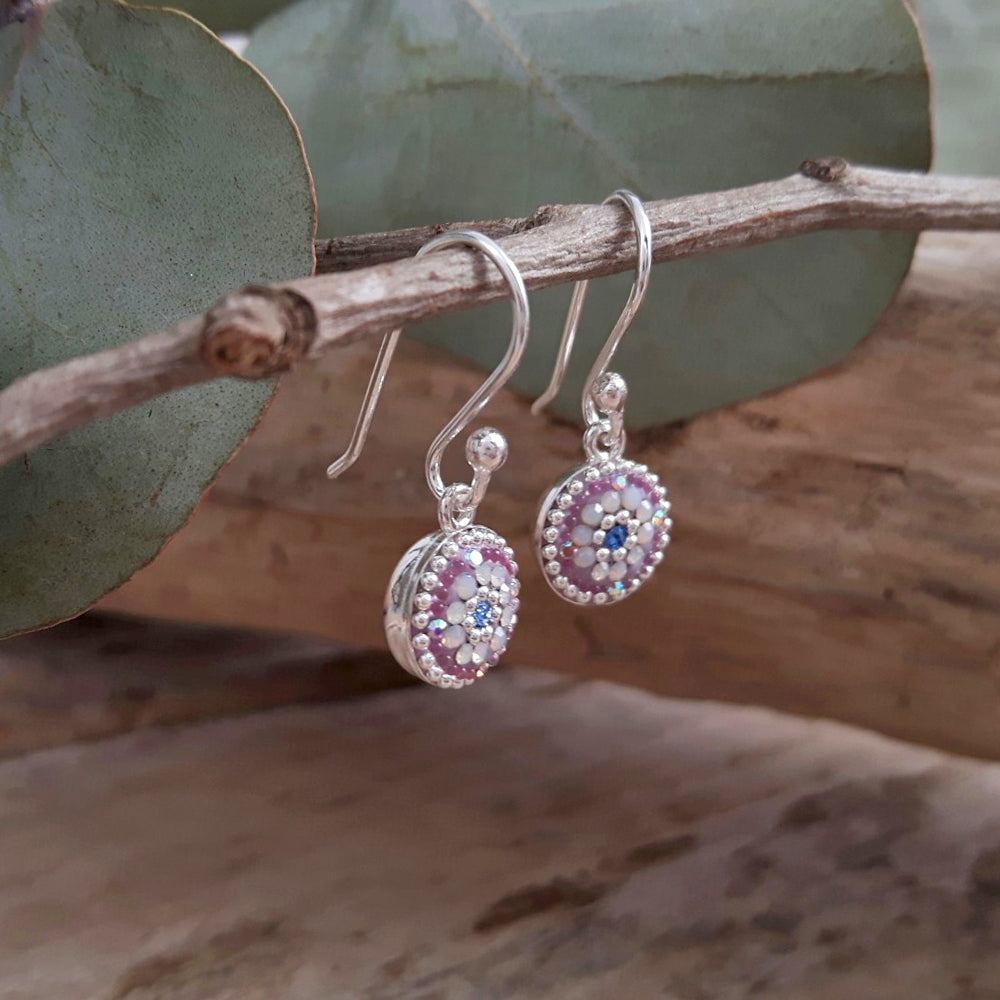 round lilac earrings opalescent crystal detail jewellery UK