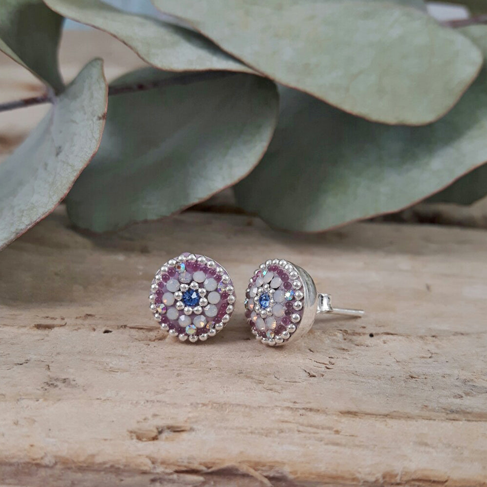 close up lilac stud earrings micro bead detail