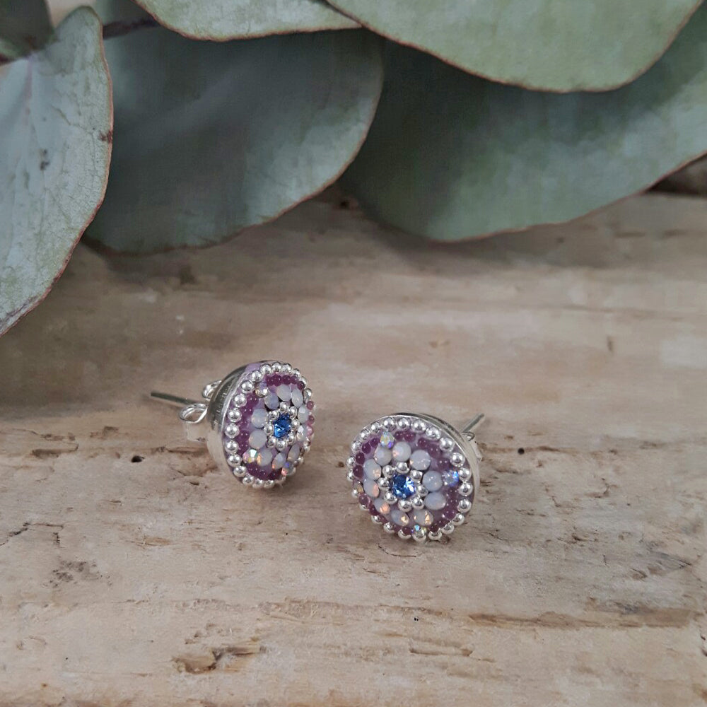 round lilac earrings opalescent crystal detail