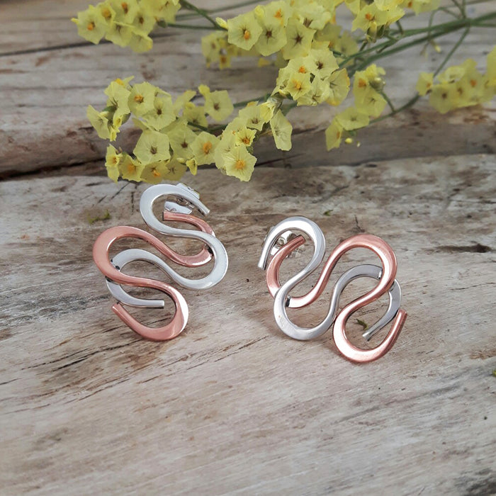 Medusa sterling silver and copper stud earrings Palenque Jewellery