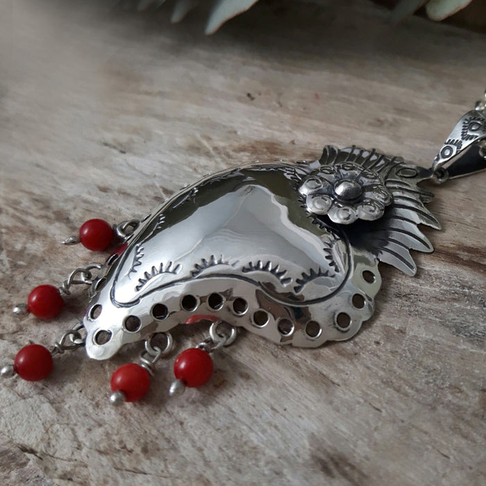 Sacred Bloom Heart Silver & Red Pendant