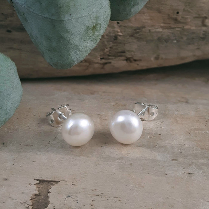 Gold Pearl And White Enamel Stud Earrings