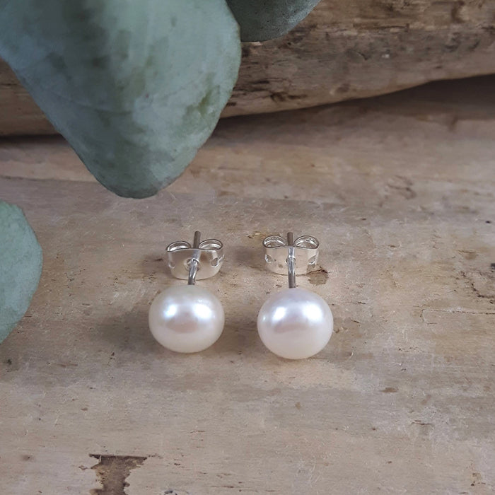 Ladies Contemporary Sterling Silver White Pearl Large Stud Earrings ...