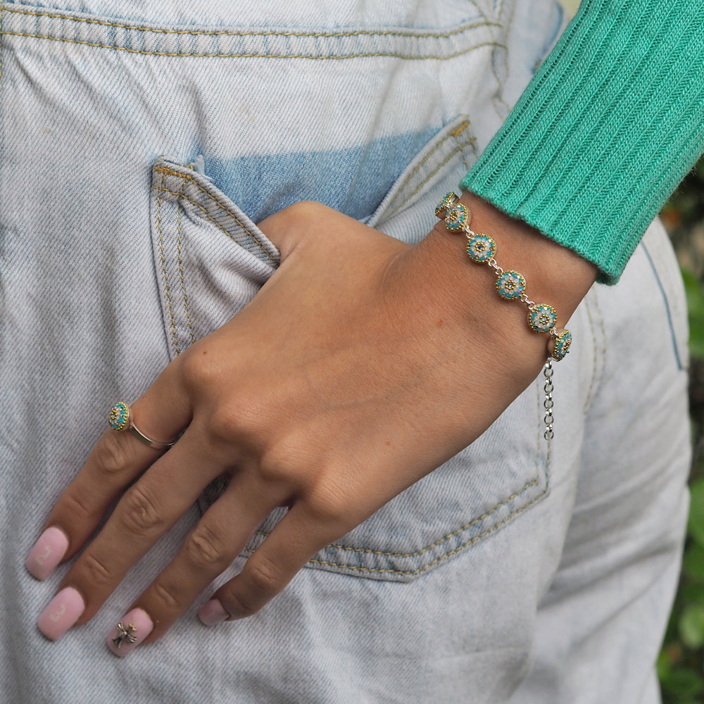 turquoise daisy mini adjustable ring and bracelet sterling silver handmade floral jewellery uk