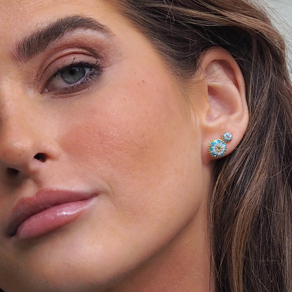 turquoise daisy stud earrings sterling silver handmade micro bead detail as seen on model
